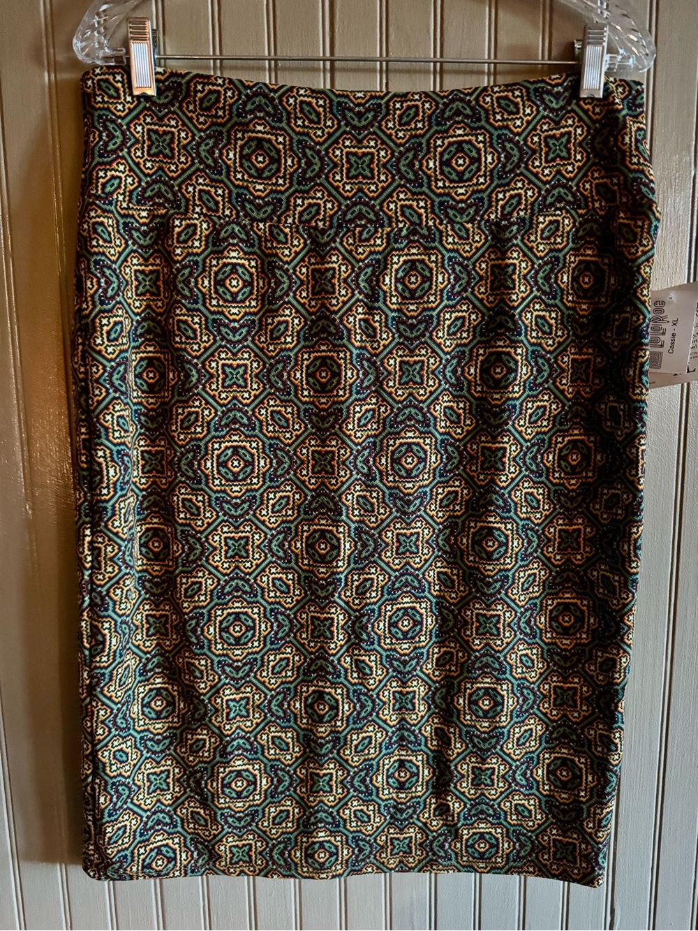 LuLaRoe Midi Skirt in Navy, Teal, Rust, Cream Geometric Pattern New Cassie XL